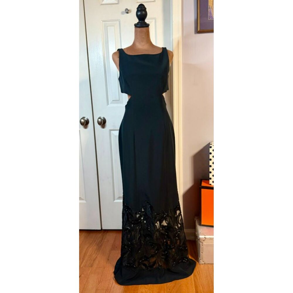 Vintage 90s Lillie Rubin Black Cutout Beaded Sheer Evening Gown Size 6